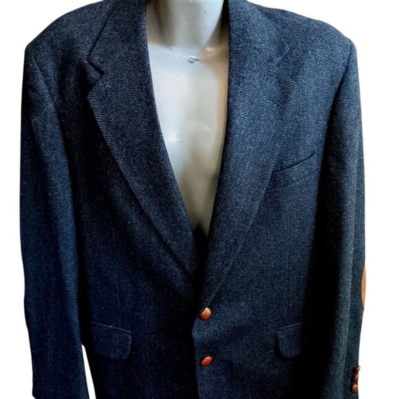 44R Vintage Mens Wool Blazer Suede Elbow Patches Dobbshire USA Herringbone 80's - Picture 1 of 9